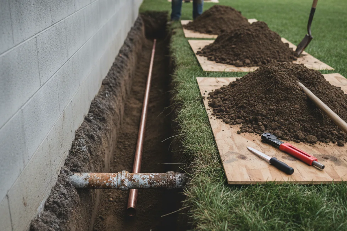 Excavated water line trench during Water Softener Installation in Imler